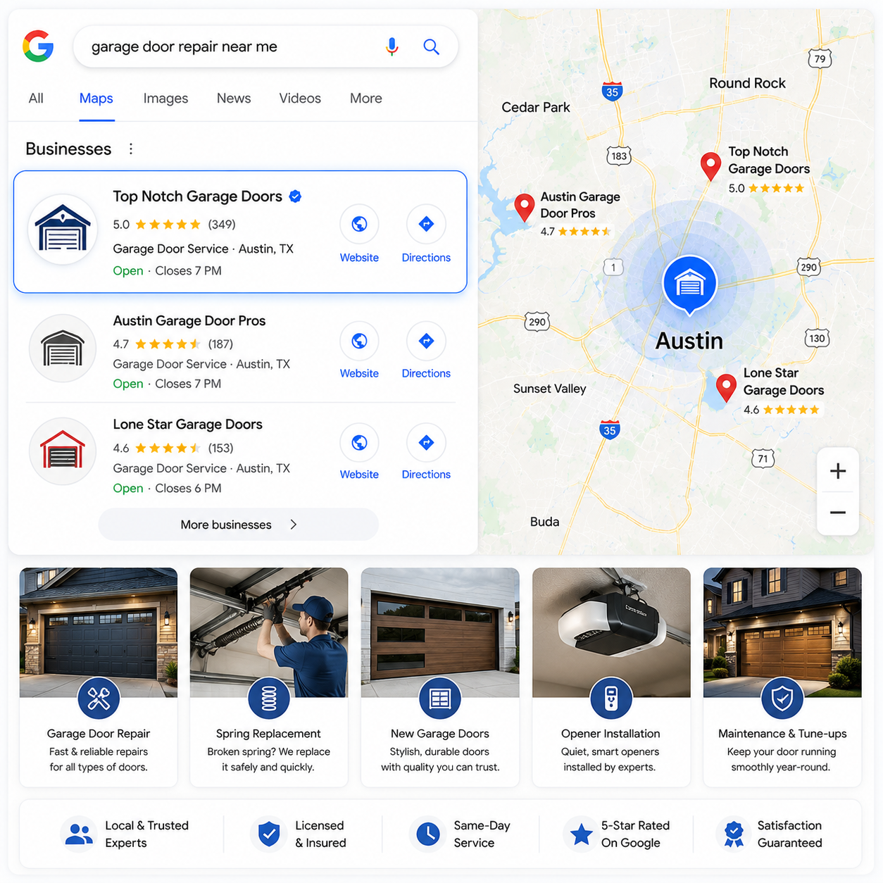 Garage door company ranked in Google Maps local pack