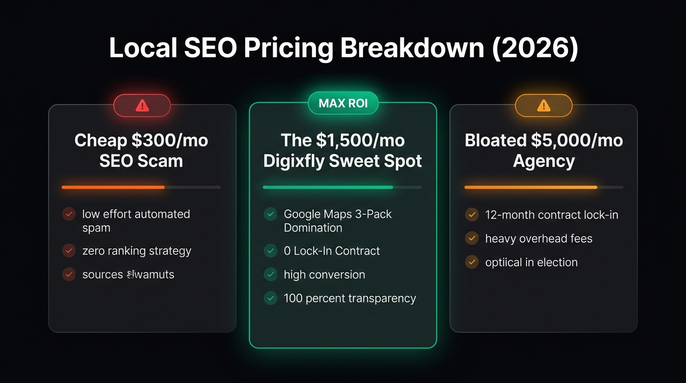 Local SEO Pricing Breakdown Infographic: $300 Scam vs $1,500 Digixfly Sweet Spot vs $5,000 Bloated Agency